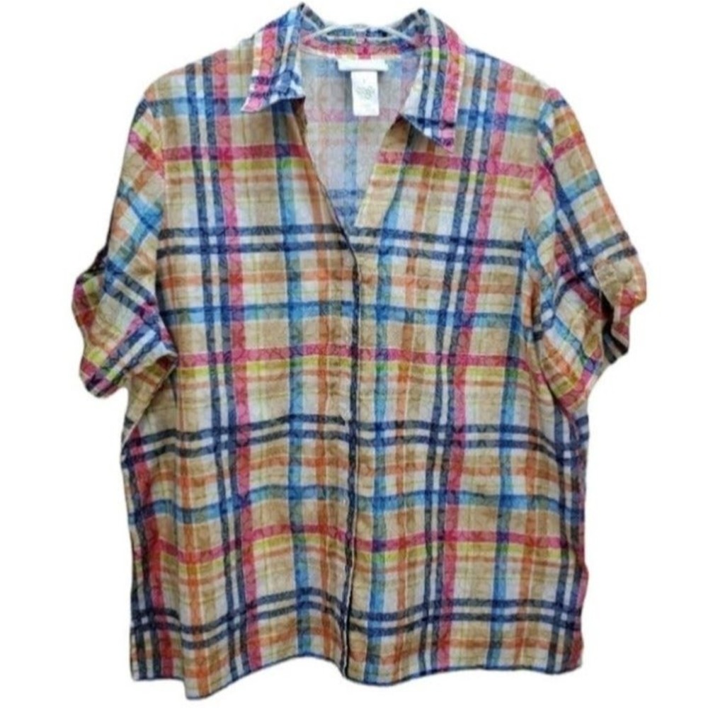 Alfred Dunner Floral Pattern Plaid Burnout Top L